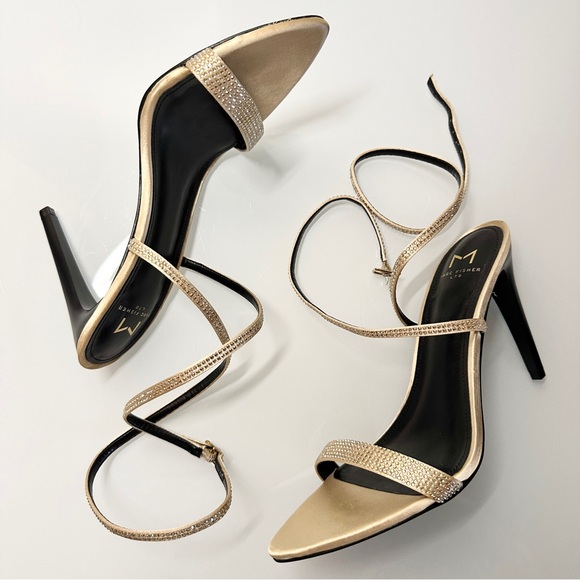 Marc Fisher Camille Gold Rhinestone Ankle Wrap Stiletto Heels 8 Holiday - Picture 3 of 12